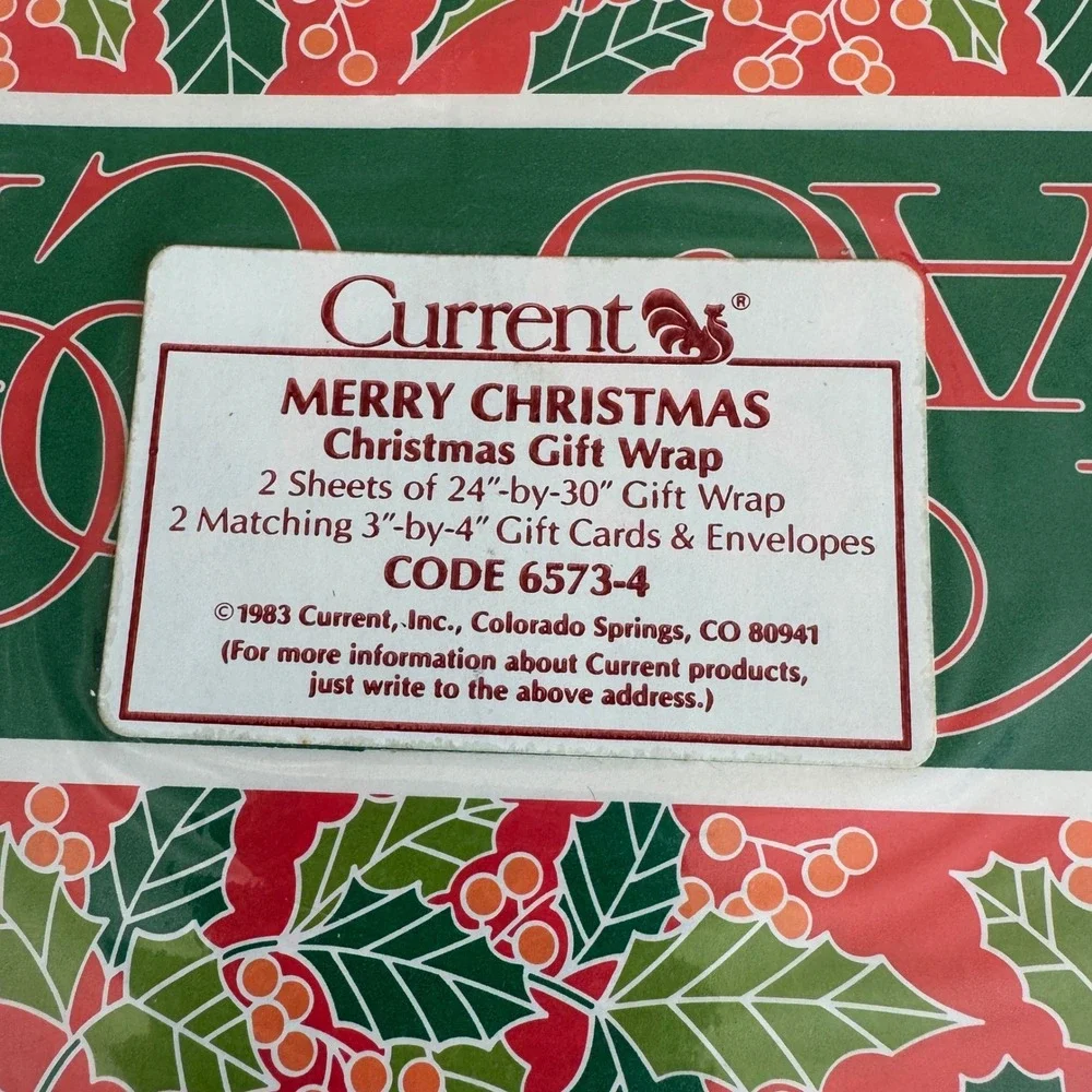 Vintage 1983 Current Merry Christmas Gift Wrap Holly Cards